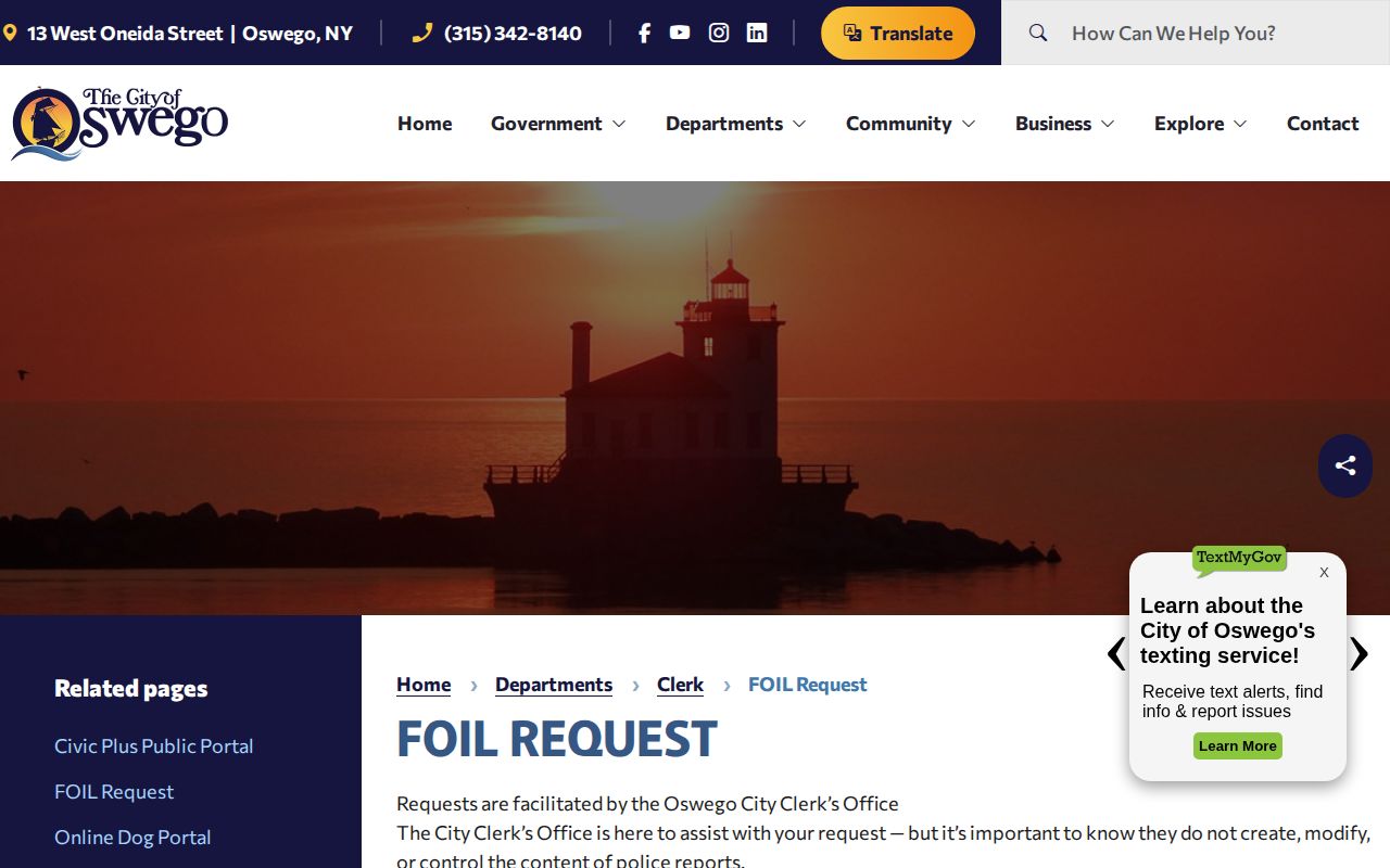 City of Oswego FOIL request page for arrest records and booking-photo requests