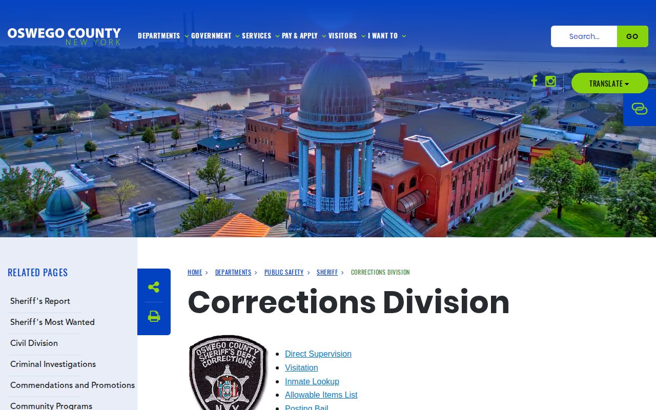 Oswego County Corrections Division custody lookup route