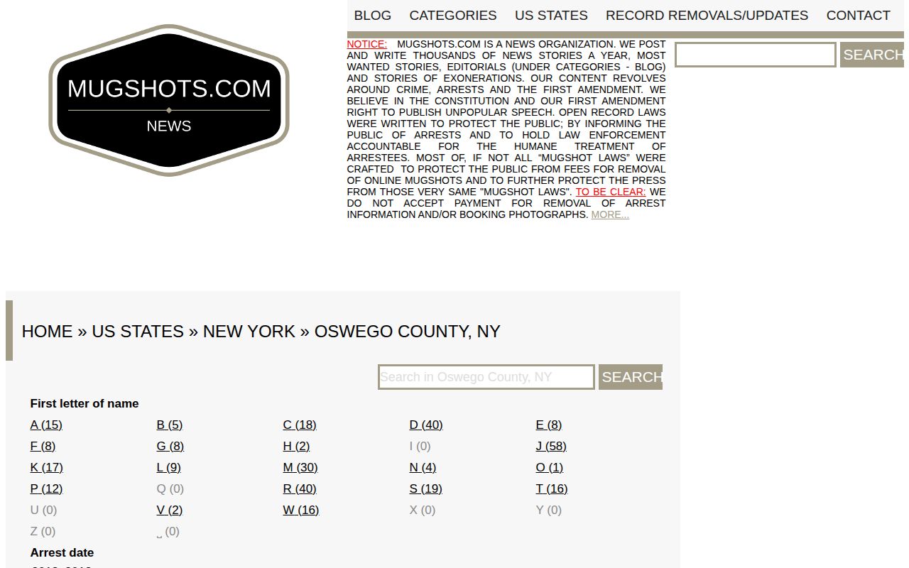 Oswego County historical mugshot record index source